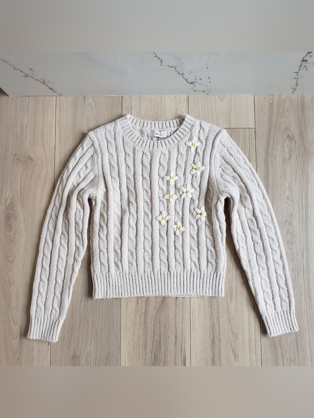 Sadie & Sage Lulu Embroidered Daisy Sweater Womens S Cream